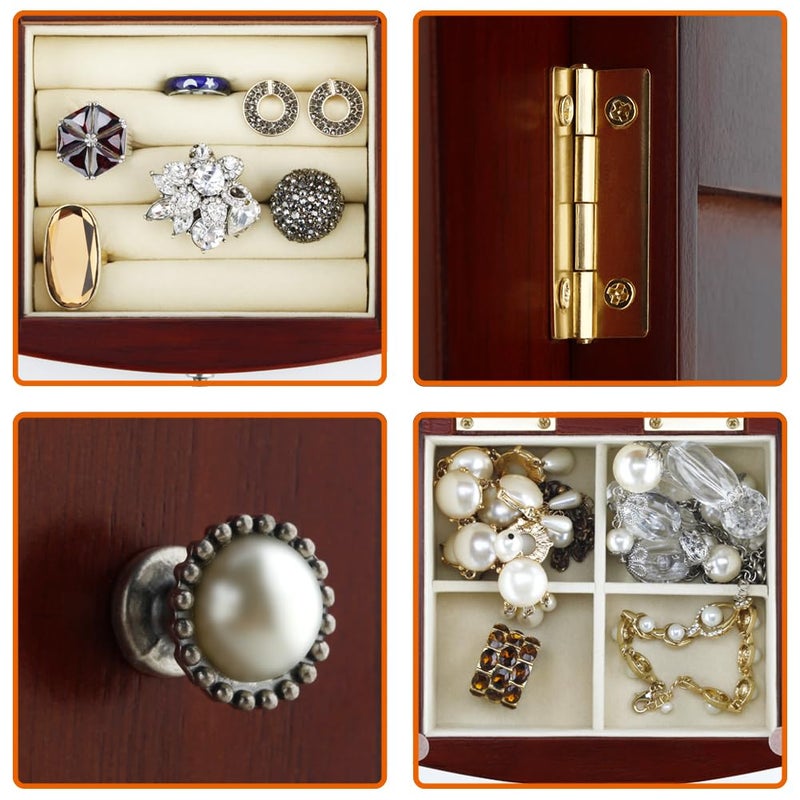 RR ROUND RICH DESIGN Jewelry Box - Made of Solid Wood with Tower Style 4 Drawers Organizer and 2 Separated Open Doors on 2 Sides and Large Mirror Brown - Image 4